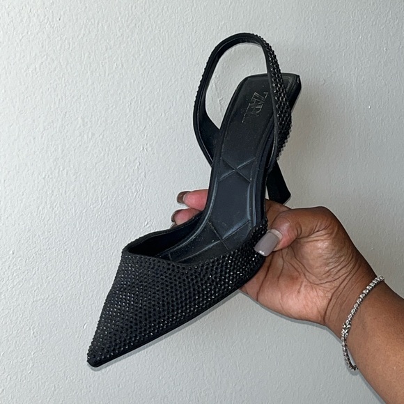 Zara Black pointed toe slingback heels with rhinestone detail Size 9 - Picture 5 of 9